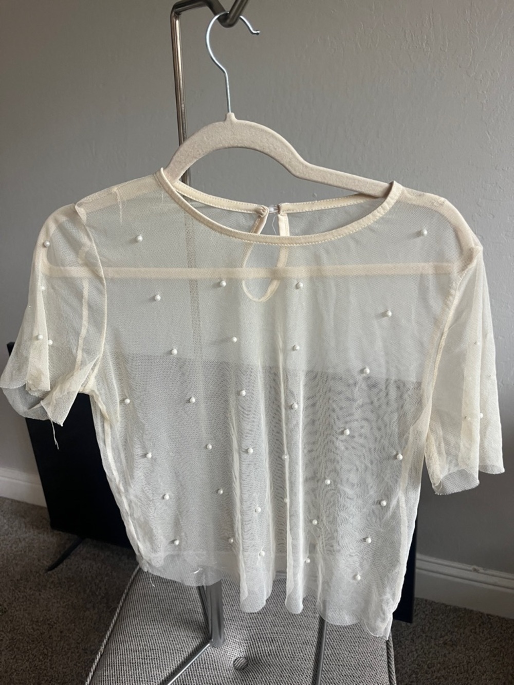 Sheer Pearl-Embellished Cream Women's Top